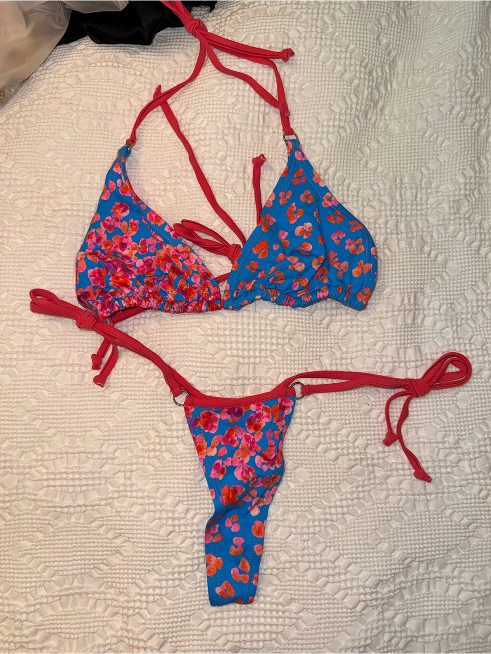 Blue Floral Tie Bikini Top & Bottom - Red Trim